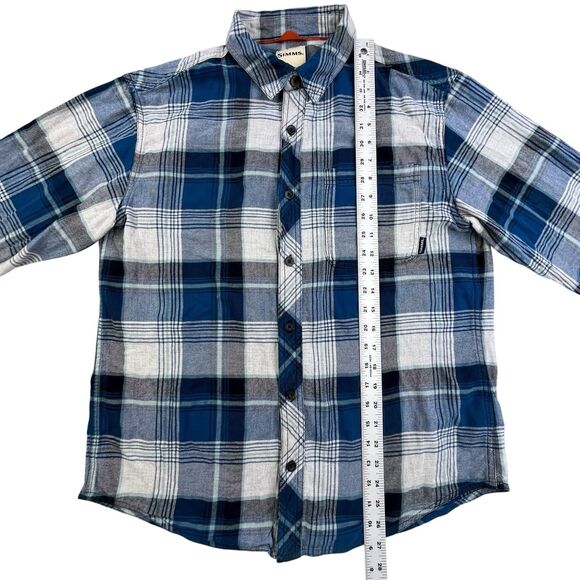 Simms Flannel Shirt Mens Medium Blue Gray Plaid Fishing Outdoor Camping - Picture 11 of 12